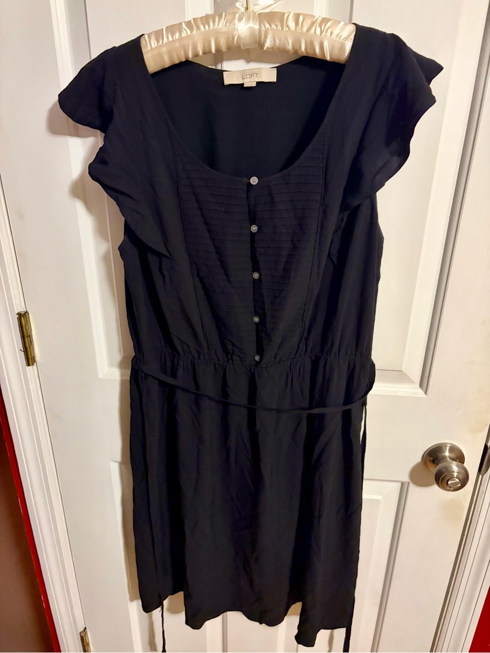 LOFT Black Pintuck Button-Front Midi Dress